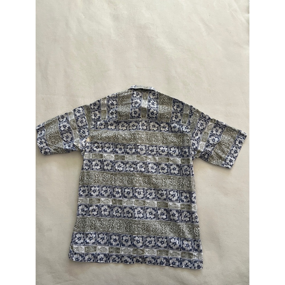 Woolrich Mens Blue Olive Cotton Block Print Floral Fish Short Sleeve Shirt M - Picture 2 of 10